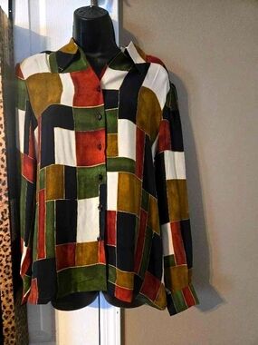 Weinberg Paris Cupro Blouse Geometric Mondrian Shoulder Pads Sz L Vintage